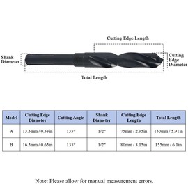 16.5mm Twist Drill Bit, 4341 HSS Metric Reduced Shank Drill Bit with 1/2" Shank, 135 Degree Split Point Industrial Drilling Bit for Alloy Metal Plastic Wood