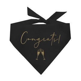 Congrats with Champagne Flutes Dog Bandana | 100% Cotton Triangle | Made in USA | Wedding Photo Prop | Bridal Shower | Engagement Announcement | Graduation | Black, X-Small |(612)