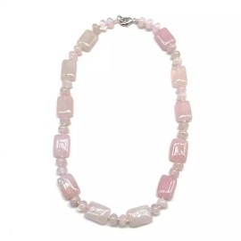 Handmade Exquisite Natural Rose Quartz Stone 18" Necklace with Flat Rectangle Beads