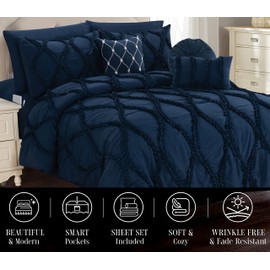 Elegant Comfort 10pc Bed-in-a-Bag Infinity Design Comforter Set, Ultra Soft Bed Set Featuring Decorative Pillows and Fitted Sheet with Storage Pockets, Infinity Comforter, Full/Queen, Midnight Navy