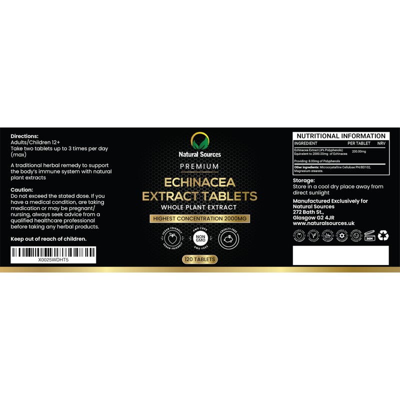 Premium Echinacea Whole Plant Extract Tablets - Maximum Strength 2000mg