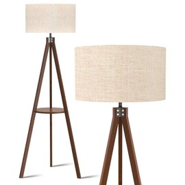 LEPOWER Tripod Floor Lamp, Mid Century Standing Lamp with Shelf, Modern Design Wood Floor Lamps for Living Room, Bedroom, Office, Flaxen Lamp Shade with E26 Lamp Base