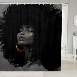 African Style American Woman Shower Curtain,Afro Pretty Princess Bathroom Curtain,Black Cute Girls Waterproof Curtain Kids Girls Teens Room Decor Fashion Beauty Style Bath Curtain,12Hooks,72"Wx72" L