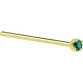 Body Candy Solid 14k Yellow Gold 1.5mm (0.015 cttw) Genuine Green Diamond Straight Fishtail Nose Stud Ring 20 Gauge 17mm