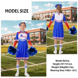 LOLANTA Cheerleader Costume Children, Girls Cheerleader Uniform Dress with Pompoms Socks and Headpiece, Long Sleeve Cheerleading Carnival Costume (Blue, 7-8 Years, Day Size 130)