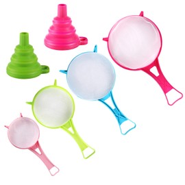 BENBO 4Pcs Plastic Mesh Strainer Colander Set, Food Soy Milk Flour Sieve Long Handle Icing Sugar Sifters Fine Strainer Tea Filter and 2 Pcs Silicone Foldable Funnel for Kitchen