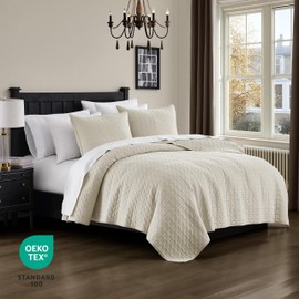 palassio Beige 100% Cotton Quilt California Cal King Size Bedding Sets with 2 Pillow Shams, Textured Oversized Lightweight Bedspread Shabby Chic Coverlet, Soft Bed Cover for All Season, 3 Pieces