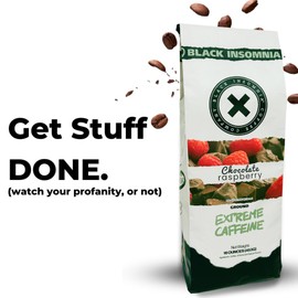 Black Insomnia Extreme Caffeine Coffee - World's Strongest Highly Caffeinated Coffee - Chocolate Raspberry Flavored Classic Roast Ground - 1lb