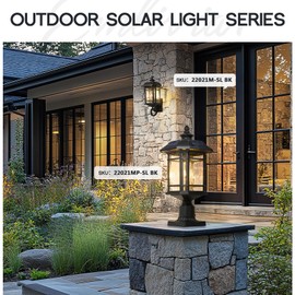 Emliviar 20.5" Solar Post Light Outdoor, Large Black Solar Column Light Head with Remote Control, LED Exterior Fence Lamp with Water Grain Glass, 22021MP-SL BK
