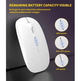 Anmck Wireless Mouse Rechargeable,[Battery Level Visible] 2.4G Silent Ultra Slim Portable Mouse,4 Adjustable DPI 800/1000/1200/1600 Quiet Click Cordless Mouse for Laptop PC Computer-White