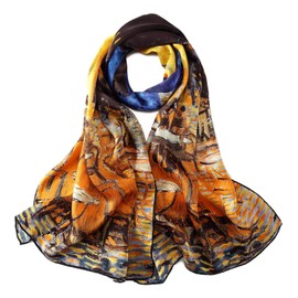 JWSilk Long Charmeuse Silk Scarf Classic Art (Brown)