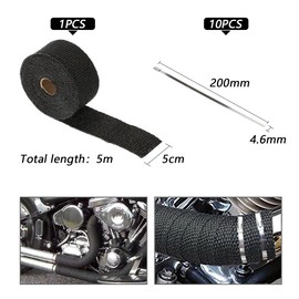 SacJkt 5cm x 5m Exhaust Heat Wrap Tape, Black Exhaust Manifold Downpipe Heat Wrap Kit with 10 pcs Stainless Ties, Fiberglass Exhaust Shield Wrap Roll for Motorcycle Car