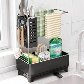 Sink Organiser, Black Kitchen Organiser Sink with Drain Pan & Cloth Holder, Sink Utensils Organiser for Brushes/Towels