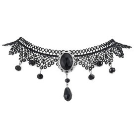 Gothic Victorian Nostalgic Women Black Lace Choker Necklace Dangling Black Oval Beads Charm Pendant(CA)