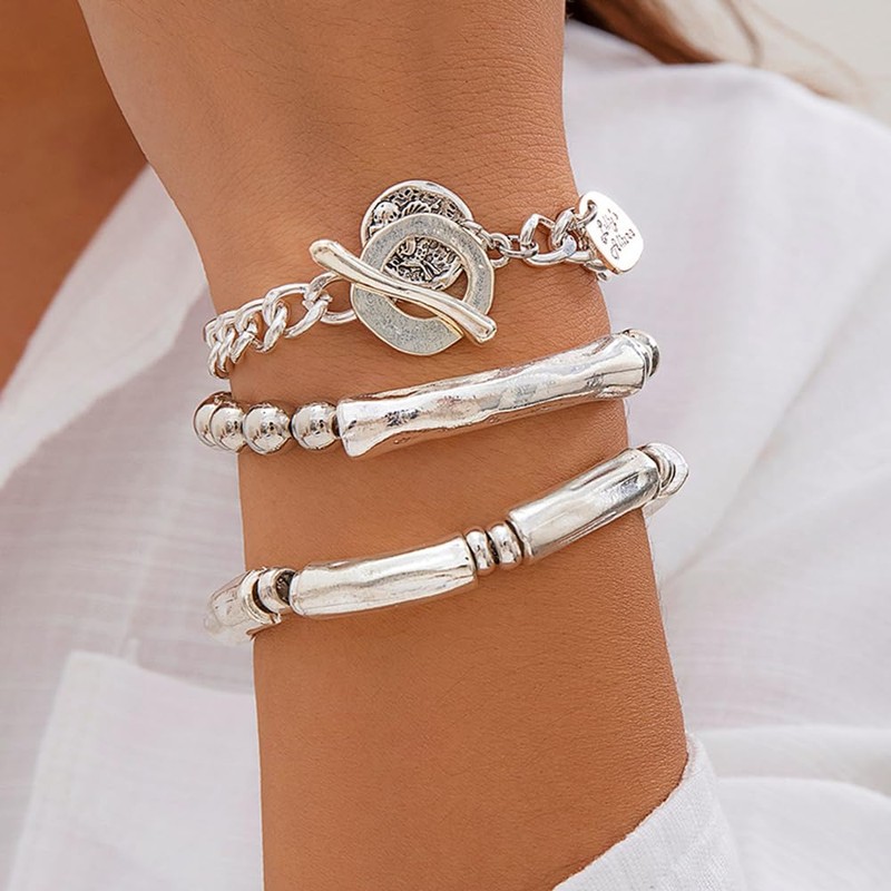fxmimior 3Pcs Boho Dainty Simple Silver Chain Bracelets Set for