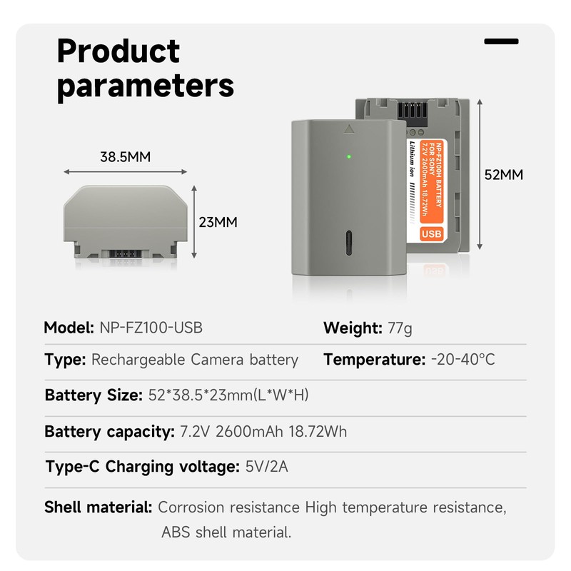 NP-FZ100 Batteries 2-Pack 2600mAh, Type-C Charging Port for Sony A7iv,