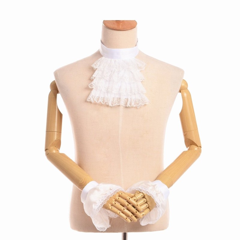 BLESSUME Victorian Lace Jabot with Cuffs, Little White Jabot Cuffs