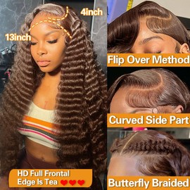 LRV Chocolate Brown Lace Front 13x4 Deep Wave HD Lace Front Human Hair Curly Chocolate Brown Wigs For Women Frontal Wigs Human Hair 20 Inch 180 Density