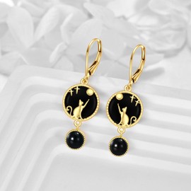 Black Onyx Cat Earrings Sterling Silver Cat Earrings 18K Gold-Plated Cat Leverback Drop Earrings Jewellery Gifts for Women, 18 carat gold plated, Pearl