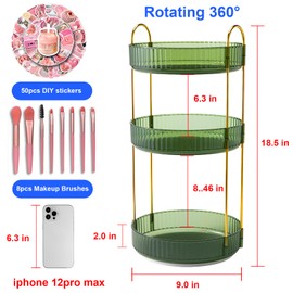 360°Rotating Makeup Organizer for Vanity 3 Tier,Tiered Spinning Bathroom Kitchen Countertop Organizers,High Capacity Make up Storage for Perfume,Cosmetic Skincare Organizer(Green)