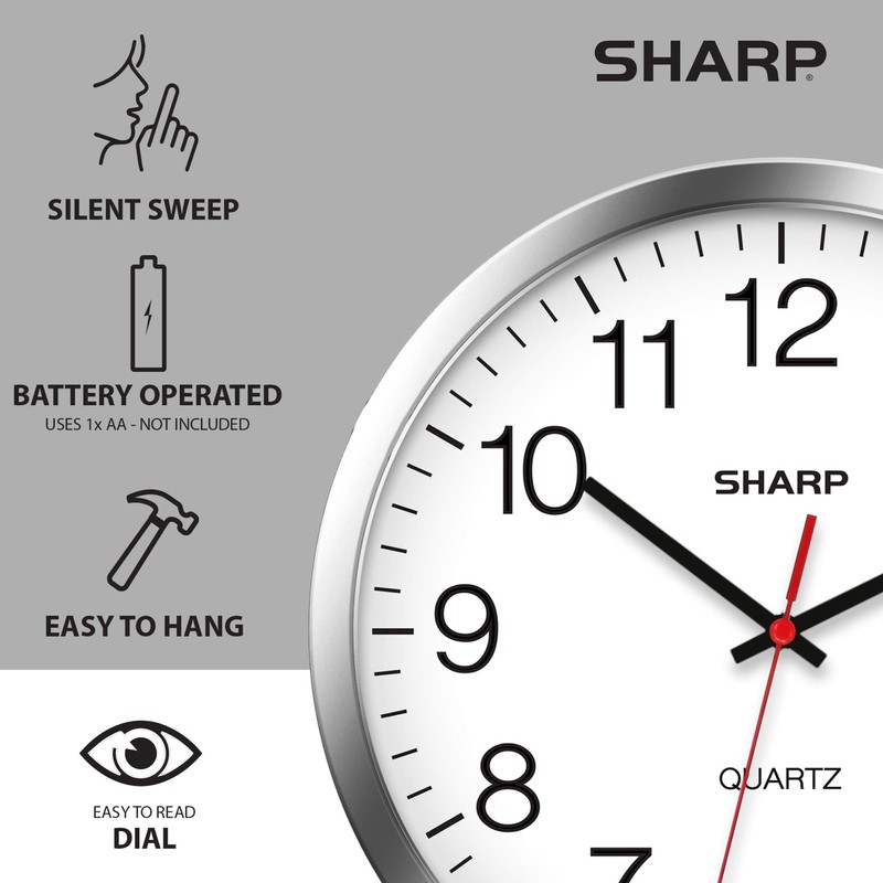 SHARP Wall Clock – Silver/Chrome, Silent Non Ticking 10 Inch