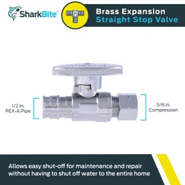 SharkBite 1/2 Inch (3/8 Inch OD) Expansion Straight Stop Valve Connector for PEX-A Pipe, Brass Plumbing Fittings, Stop Valve for PEX-A Tubing, UAB23057LFA