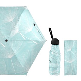 Seamless White Dandelion Flowers Floating Over Turquoise Pattern Small Mini Anti-UV Compact Travel Umbrella, 5 Folding Ultra-Light Umbrella, 6 Ribs Pocket Windproof Foldable Vinyl Parasol