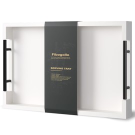 Fibogollo Bamboo Serving Tray with Metal Handles,15x10in Ottoman Decorative Trays Platter for Coffee Table,Living Room,Bar,Party,Mediuml(White)