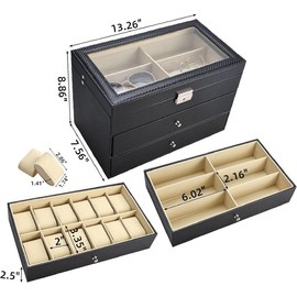3 Layers 12 Slots Watch Boxes and Pieces Eyeglasses Sunglasses Storage Black Leather Sunglass Display Case Organizer for Women Men