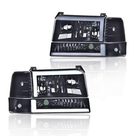 CNNELL LED DRL Headlights Compatible with 1992-1996 Ford F150/Bronco 1992-1997 F250/F350/FSuper Duty w/Corner Signal Bumper Lamps(Smoky lens Black Housing Clear Reflector)