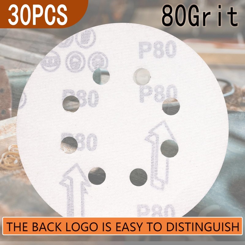 ZUYUEE 30PCS 125mm Sanding Discs 80 Grit,8-Hole Sand Paper,Sandpaper for