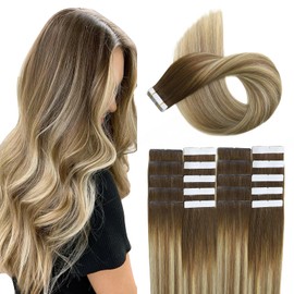 XDhair Tape in Hair Extensions Human Hair Balayage Color 3/8/22 Brown And Blonde Tape in Extensions,Seamless Hair Extension(#3/8/22-20 Inch)