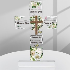Shellwei Spanish Christian Acrylic Gifts Religious Cross Inspirational Gifts Flower Spanish Prayer Bible Verse Desk Decor Christmas Religious Scripture Gifts for Xmas Home Table Birthday Women(Fresh)