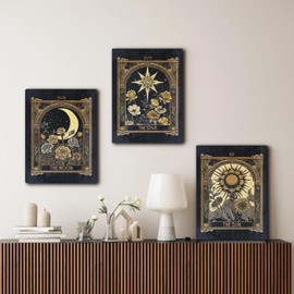 FWAHREN Sun Moon Star Tarot Card Canvas Wall Art Set of 3, Vintage Gothic Celestial Pictures Prints, Mystical Astrology Paintings, Witchy Dark Academia Wall Decor, Bedroom Living Room Office, 12x16in