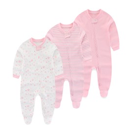 Ecojoy Baby Sleepwear Pack of 3 Newborn Sleepsuit with 5 Hats and Mittens, 0-12 Months Zip Sleep Suit Pink