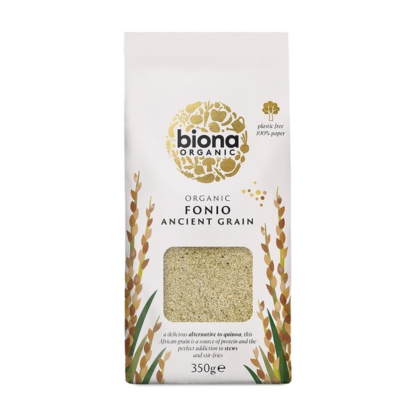 Biona Organic Fonio Grain, 350g - Ancient Grain - Fluffy Texture and Nutty Flavour - Rice Alternative - Sustainable 100% Recyclable Paper Packaging - For Salads, Stews or Porridge