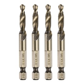 sourcing map 4pcs Combination Drill and Tap Bits Metric M6 x 1 Thread 1/4" Hex Shank Roasted Yellow Threading Screw Taps 6542 High Speed Steel Machine Drilling Tapping Tool Kit