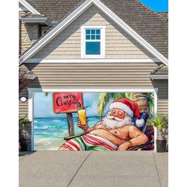 Merry Christmas Garage Door Decorations Banner, Santa Claus Vacation by The Sea Men Women Boys Girls Birthday Party Holiday Supplies, 6.9x8 FT Indoor/Outdoor Large Banner for Yard Fence Background