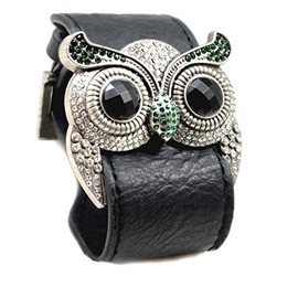 Accents Kingdom Silver Color Crystal Owl Leather Cuff Bracelet with Simulated Emerald Color Crystal