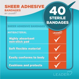 Leader Sterile Sheer Adhesive Bandages, Latex Free, Blends with Skin, Helps Prevent Infection, Comfortable Protection for First Aid and Wound Care (3/4" x 3", 80 Count)