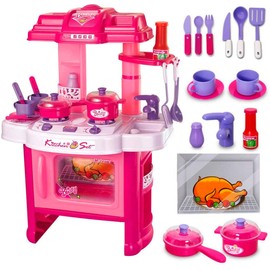 Little Kitchen Play Set, Kids Pretend Play Kitchen with Realistic Lights and Sounds, Simulation of Spray, Water Sink, Utensils Food Accessories Pretend Role Play Toys for Girls Boys