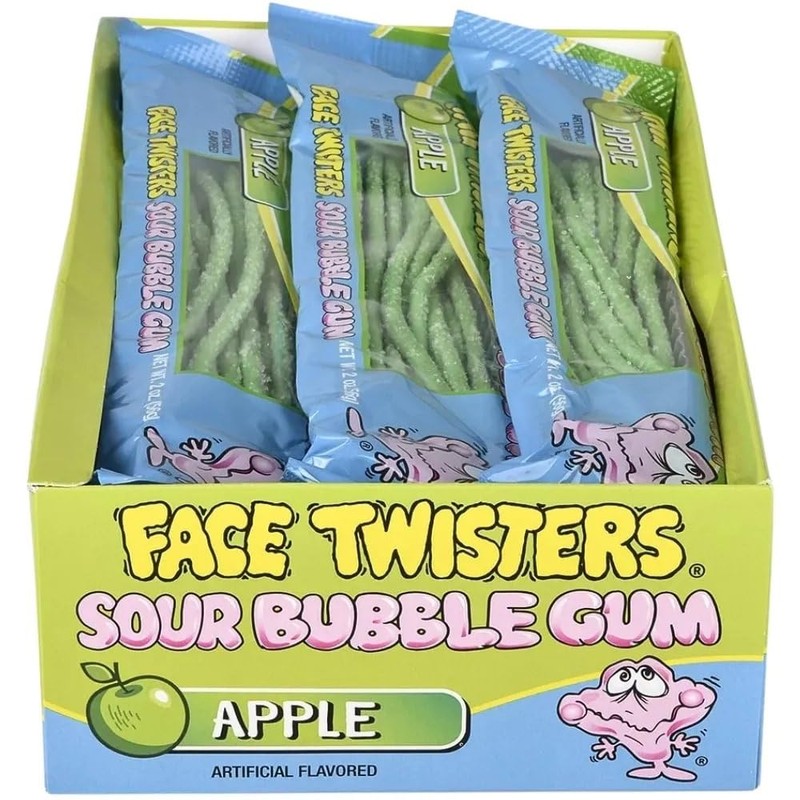Face Twisters Sour Bubble Gum Straws, Green Apple, 2 Ounce