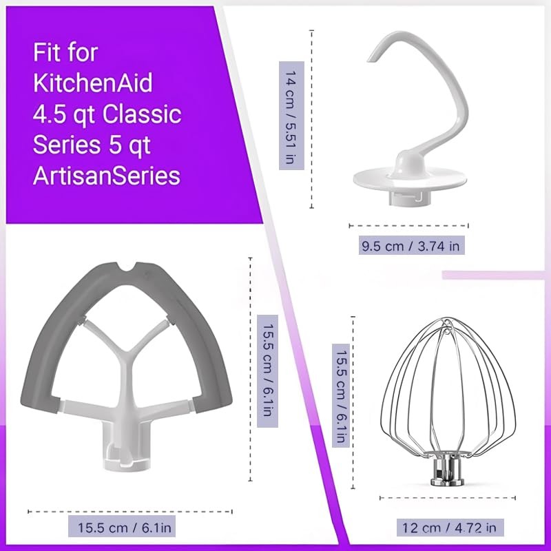 3Pcs Flex Edge Beater Dough Hook Wire Whip Kitchen Aid