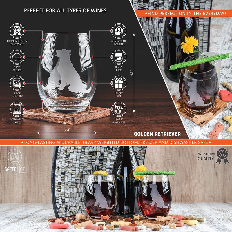 Golden Retriever Stemless Wine Glasses (Set of 2) | Unique