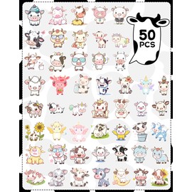 50pcs Kawaii Cow Stickers Bulk, Cute Farm Animal Stickers Cartoon Pet Waterproof Vinyl Sticker for Water Bottles Laptop Scrapbooking Supplies Planner Skateboard Cow Party Favors Phone Case