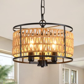 lobolighting Boho Rattan Chandelier, 11.8" 3-Lights Farmhouse Pendant Light with Hand Woven Drum Shade, Modern Black Chandelier for Dining Room Living Room Kitchen Island Bedroom