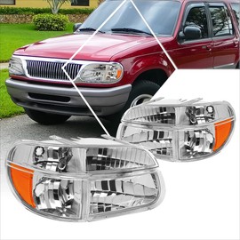 [4Pcs-Set] Headlights Assembly+Corner Lamps Compatible with Ford Explorer 95-01,Chrome Housing/Amber Corner