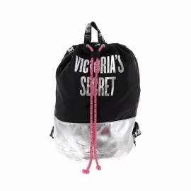 Victoria's Secret Drawstring Backpack Bag Tote Black & Silver