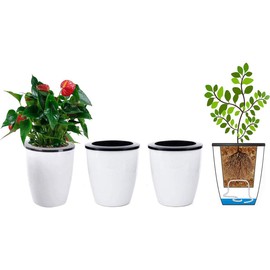 3 Pack Self Watering Planter White Flower Pot for All Plants, Herbs, African Violets, Succulents, Flowers Or Start Plants, White, M Size
