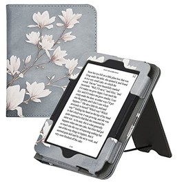 kwmobile Case Compatible with Barnes & Noble Nook Glowlight 4 / 4e - Case PU Leather Cover with Magnet Closure, Stand, Strap, Card Slot - Magnolias Taupe/White/Blue Grey